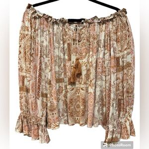 Dress Forum floral geometric long sleeve shoulderless top beige brown size small
